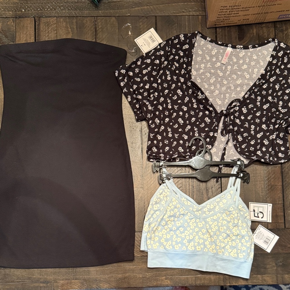 5B Styles Black Dress, Floral Cardigan, and 2 seamless Bralettes. Size M. NWT.